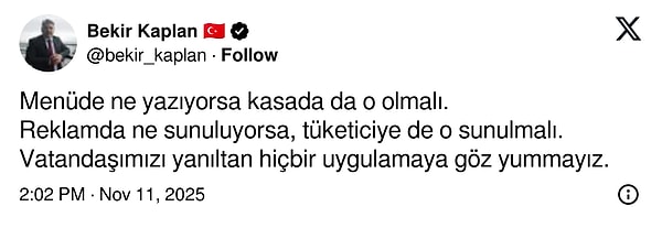 Ticaret Bakanlığı Basın Danışmanı Bekir Kaplan ise konuyla ilgili X hesabından bir açıklamada bulundu.