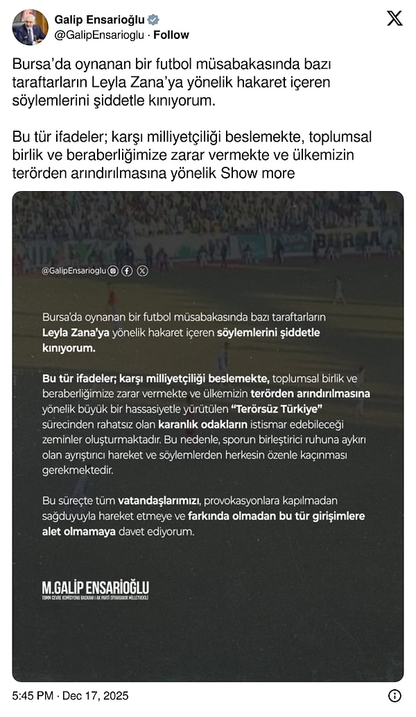 AKP Diyarbakır Milletvekili Galip Ensarioğlu, X hesabından yaşananlara tepki gösterdi.